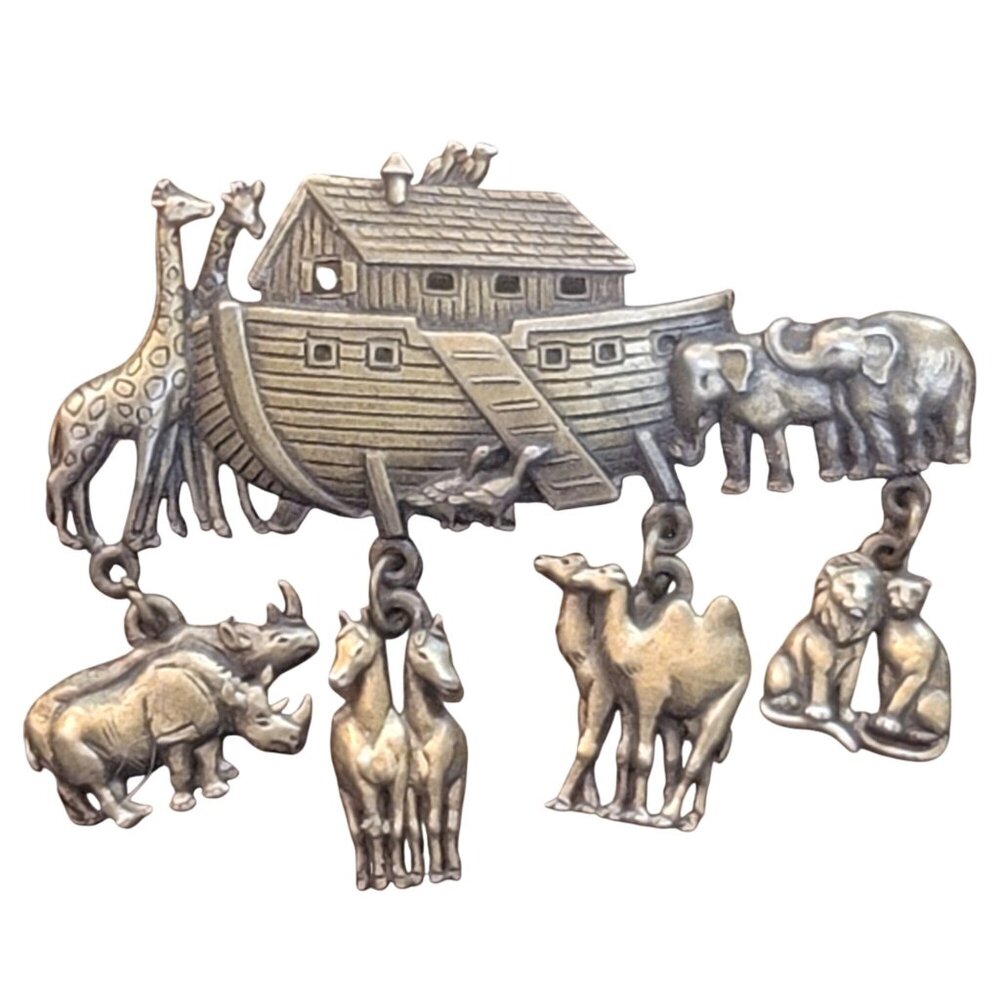 Vintage JJ Jonette Jewelry Noahs Ark Pin Brooch With Animal Charms Gold-tone